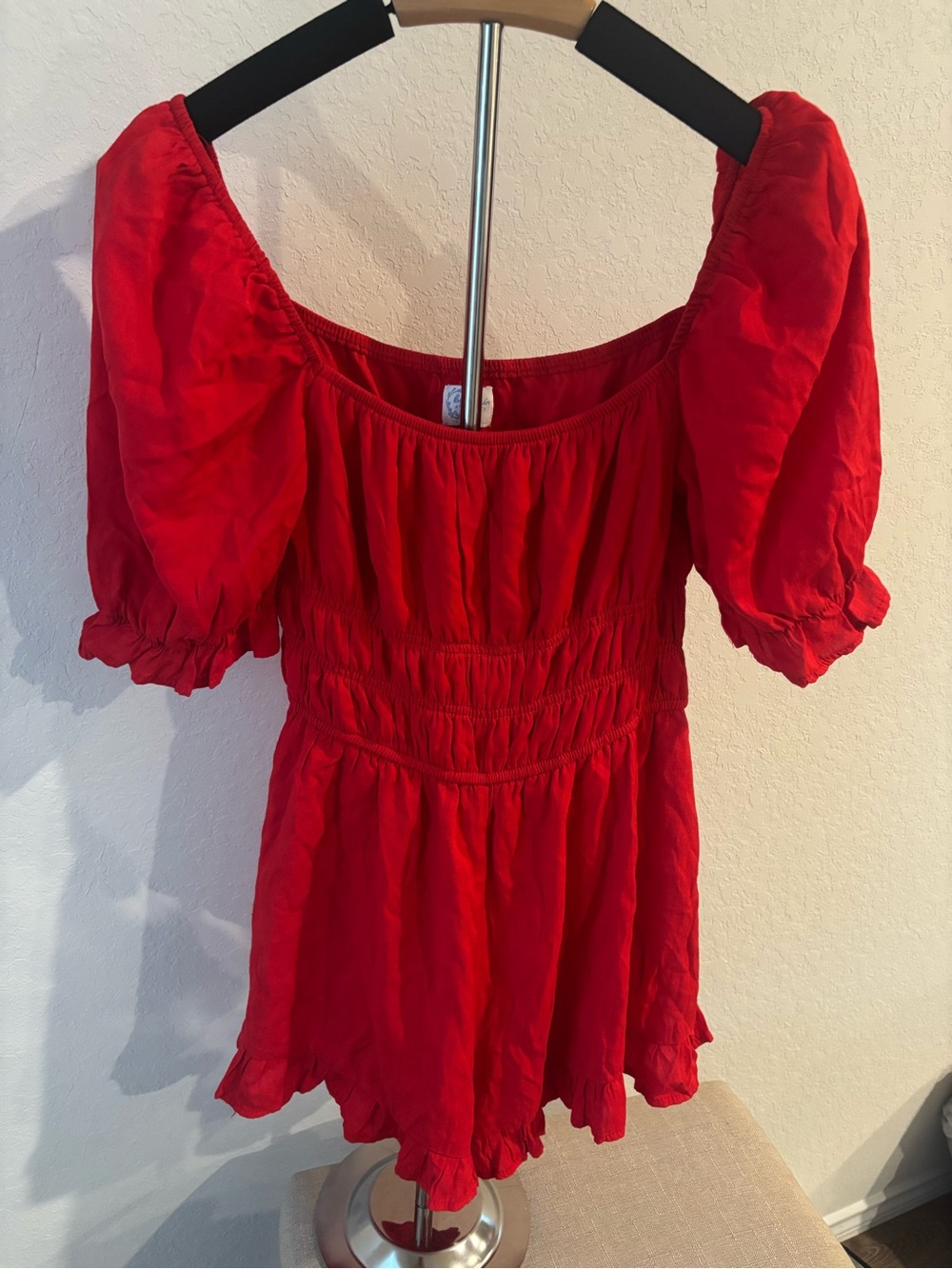 Blue Rain Francesca’s Red Smocked Romper Puff Sleeve Square Neck Womens Small